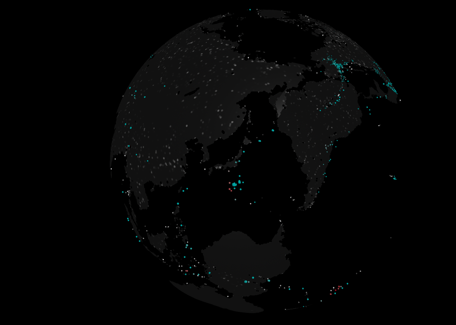 Dark 3D globe with earthquake points